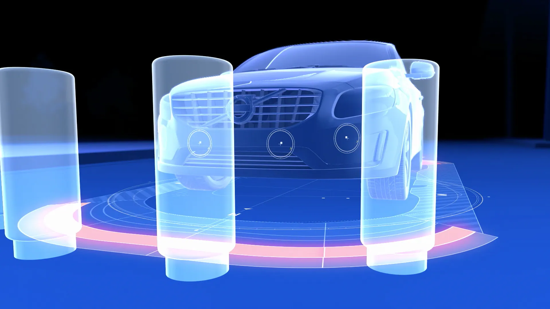 Цифровая иллюстрация автомобиля Volvo с выделенными датчиками и визуализированными зонами обнаружения, представляющими передовые технологии безопасности или помощи при парковке.