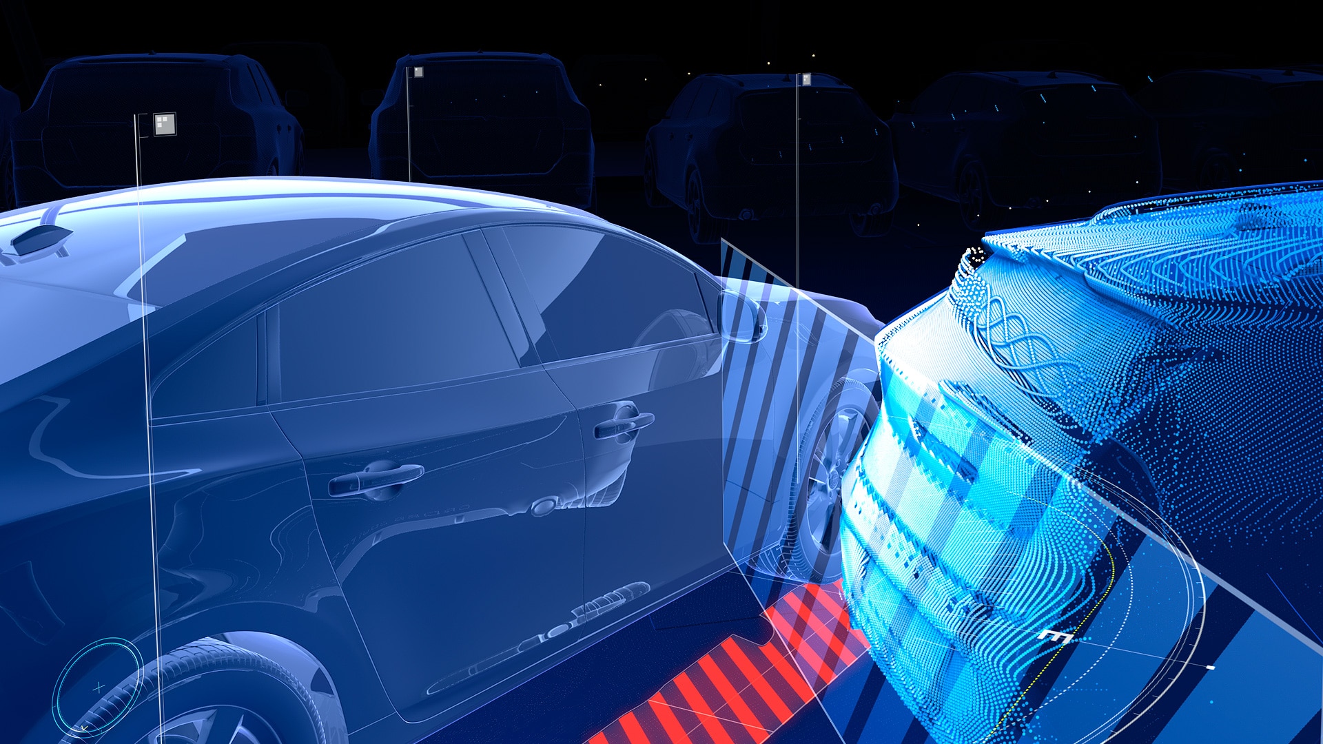 Цифровая иллюстрация, демонстрирующая автомобили Volvo, оснащенные передовыми датчиками, обнаруживающими близлежащие объекты, с выделением технологии предотвращения столкновений.