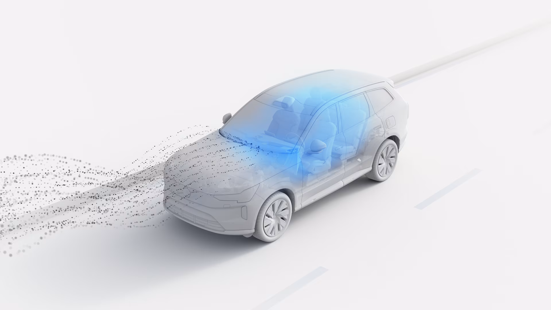 Иллюстрация внедорожника Volvo с визуализированным воздушным потоком, входящим в салон, подчеркивающий передовую систему фильтрации воздуха автомобиля.