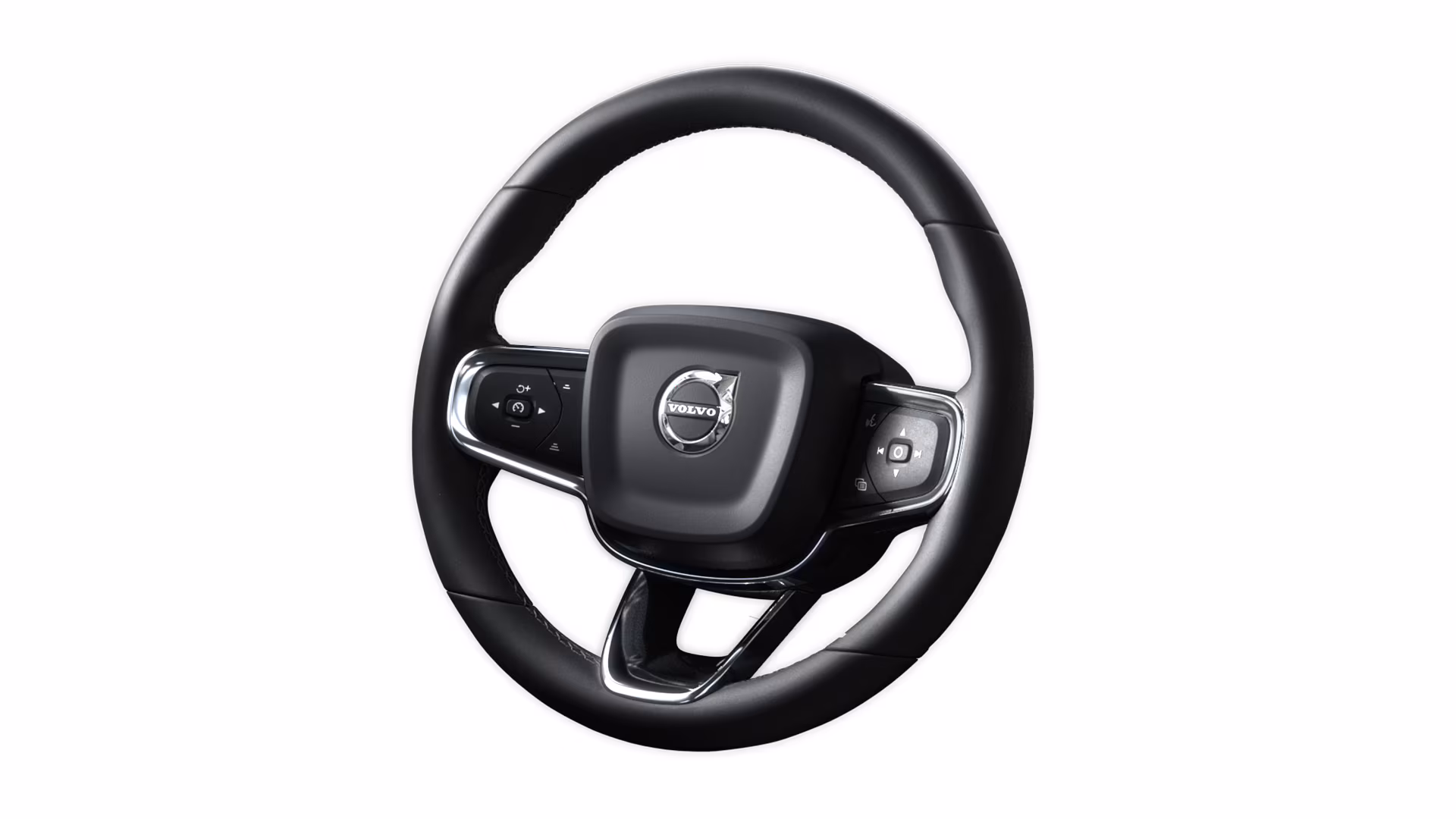 Рулевое колесо автомобиля Volvo со встроенными кнопками управления и логотипом Volvo в центре.