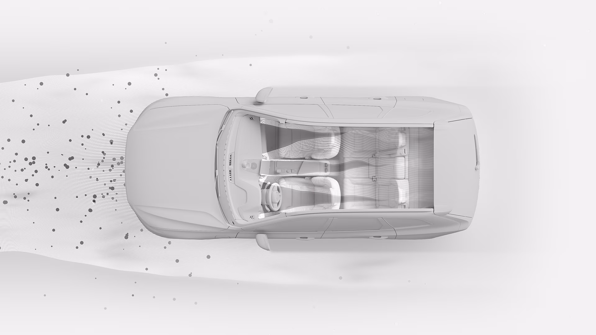 Вид сверху на иллюстрацию салона Volvo, показывающую потоки воздуха в салоне, подчеркивающие систему очистки или вентиляции автомобиля.