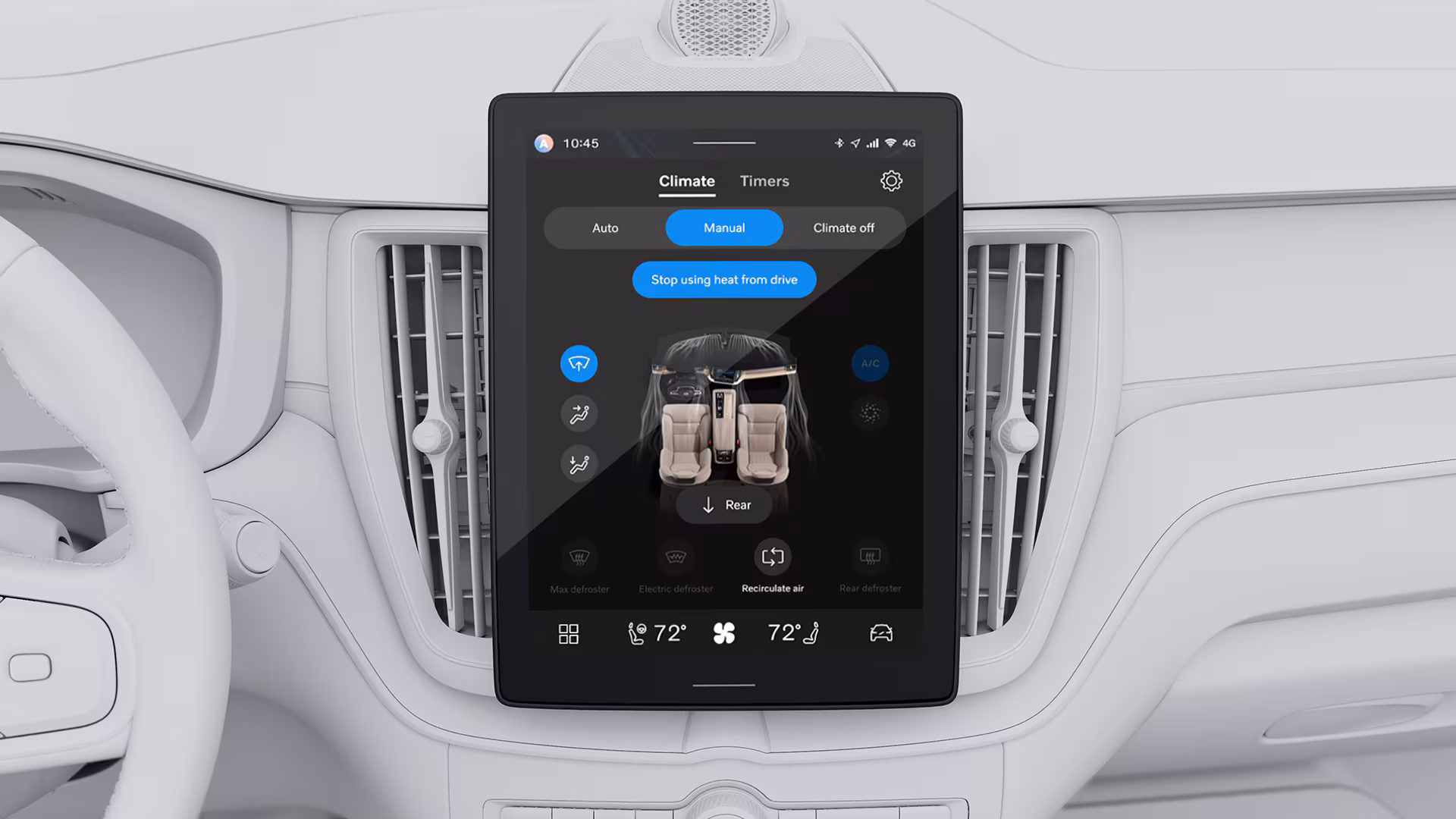 Крупный план сенсорного экрана автомобиля Volvo, на котором отображается система климат-контроля с настройками температуры и воздушного потока.