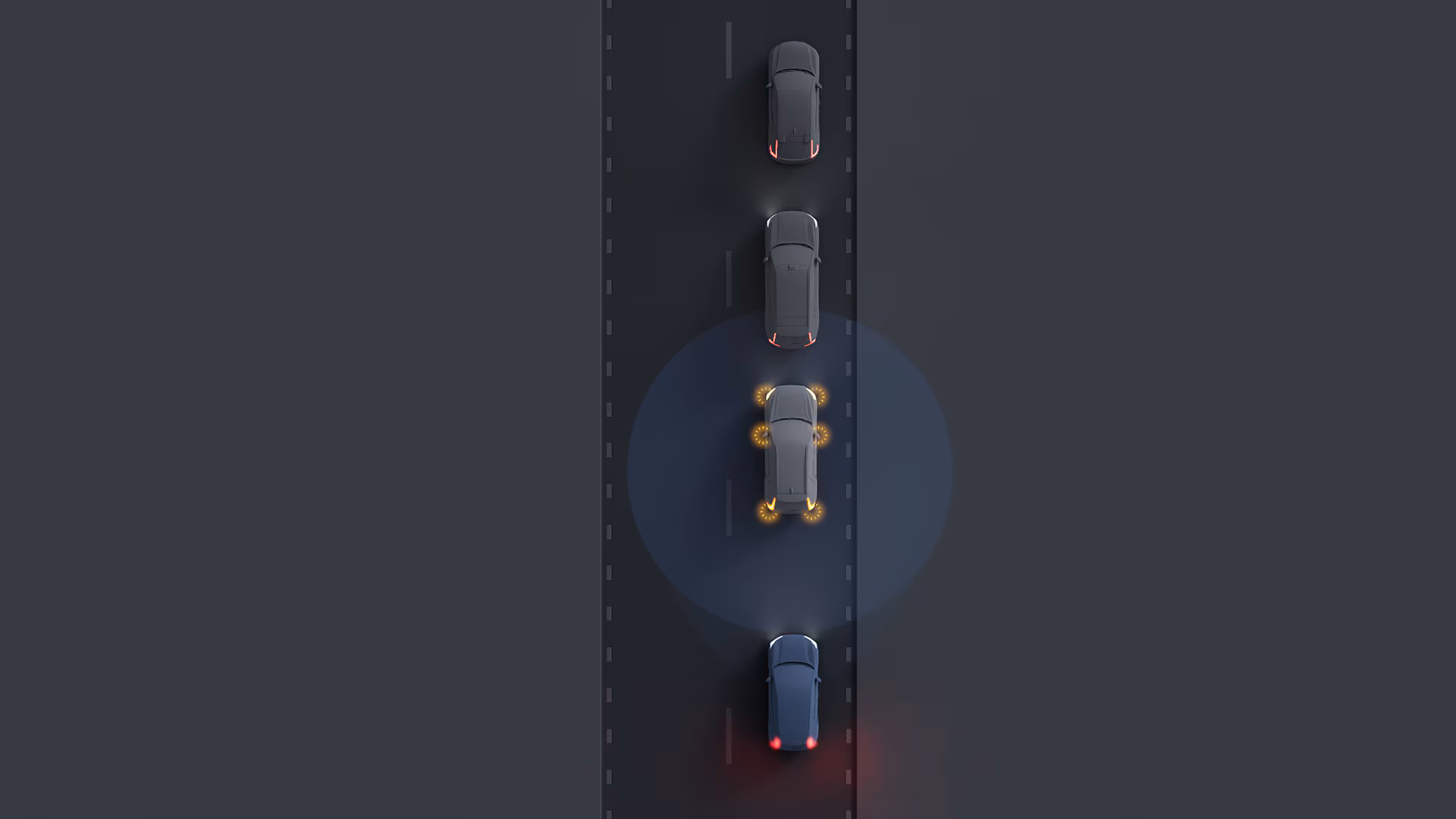 Иллюстрация автомобилей Volvo, движущихся в линию по дороге, при этом один автомобиль выделен для демонстрации активации датчиков для обеспечения безопасности или помощи водителю.