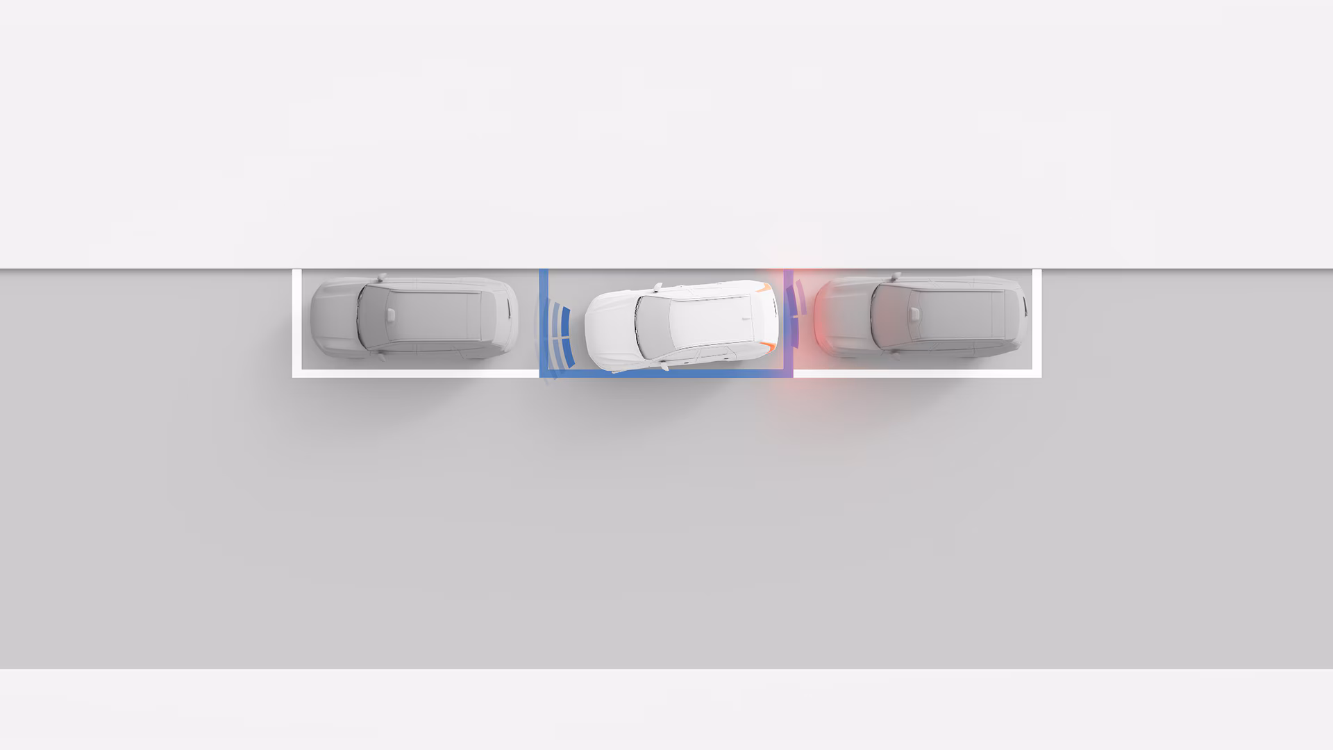Вид сверху на иллюстрацию параллельной парковки автомобиля Volvo между двумя автомобилями с выделением датчиков помощи при парковке.