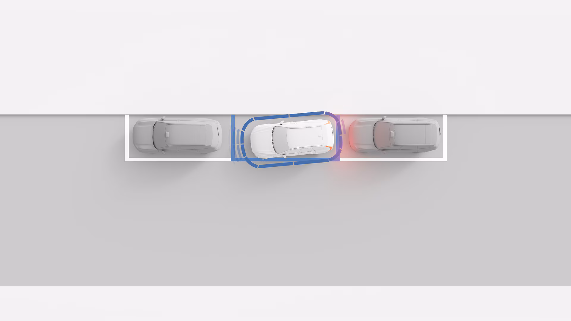 Вид сверху на иллюстрацию параллельной парковки автомобиля Volvo между двумя автомобилями с выделением датчиков помощи при парковке.
