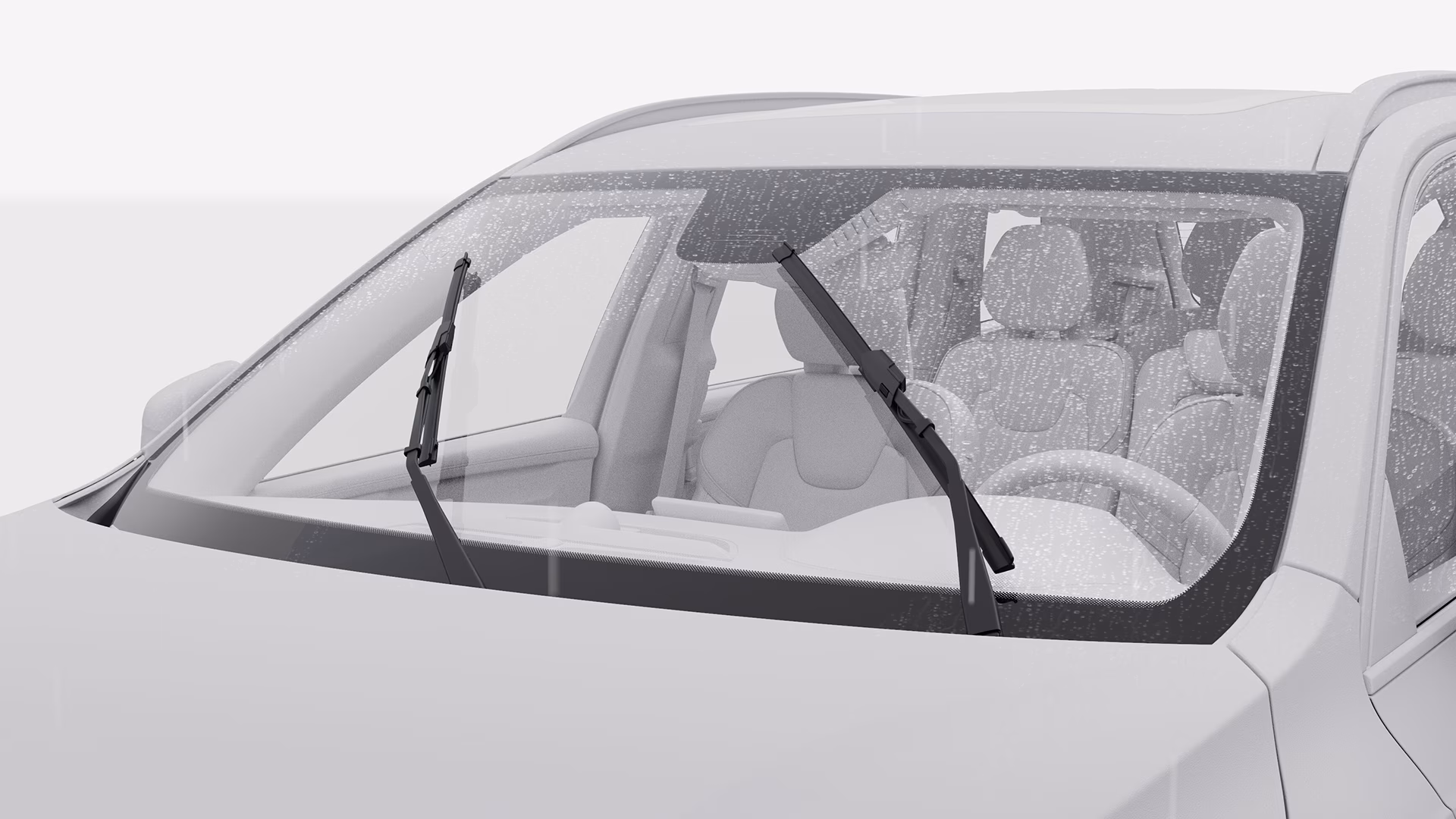 Крупный план лобового стекла автомобиля Volvo с работающими стеклоочистителями, очищающими дождевую воду.