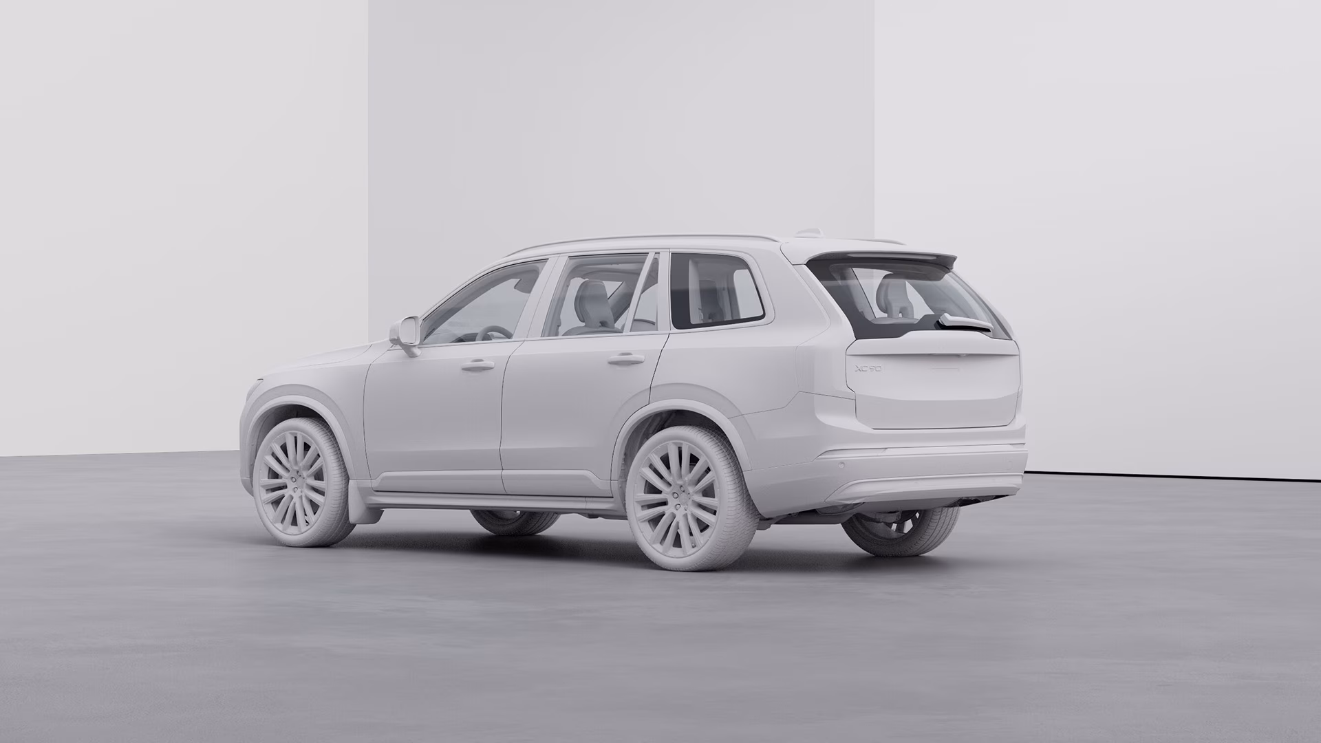 Монохромный 3D-рендер внедорожника Volvo XC90, вид сзади, показанный в минималистичной студийной обстановке.