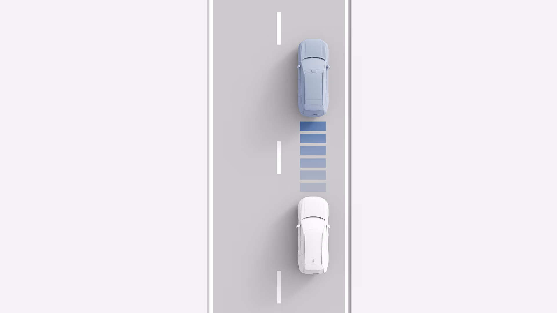 Иллюстрация автомобиля Volvo, поддерживающего безопасную дистанцию позади другого транспортного средства, представляющая адаптивный круиз-контроль.
