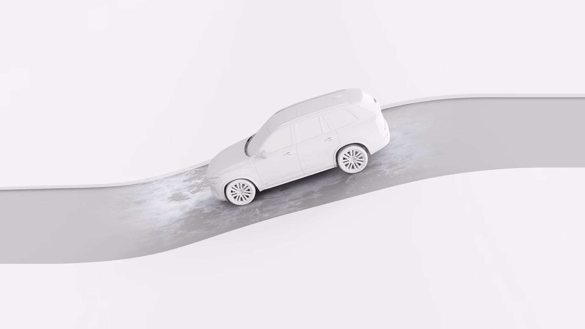 Белый внедорожник Volvo едет в гору по стилизованному изогнутому дорожному покрытию, что наводит на мысль о контроле сцепления или устойчивости.
