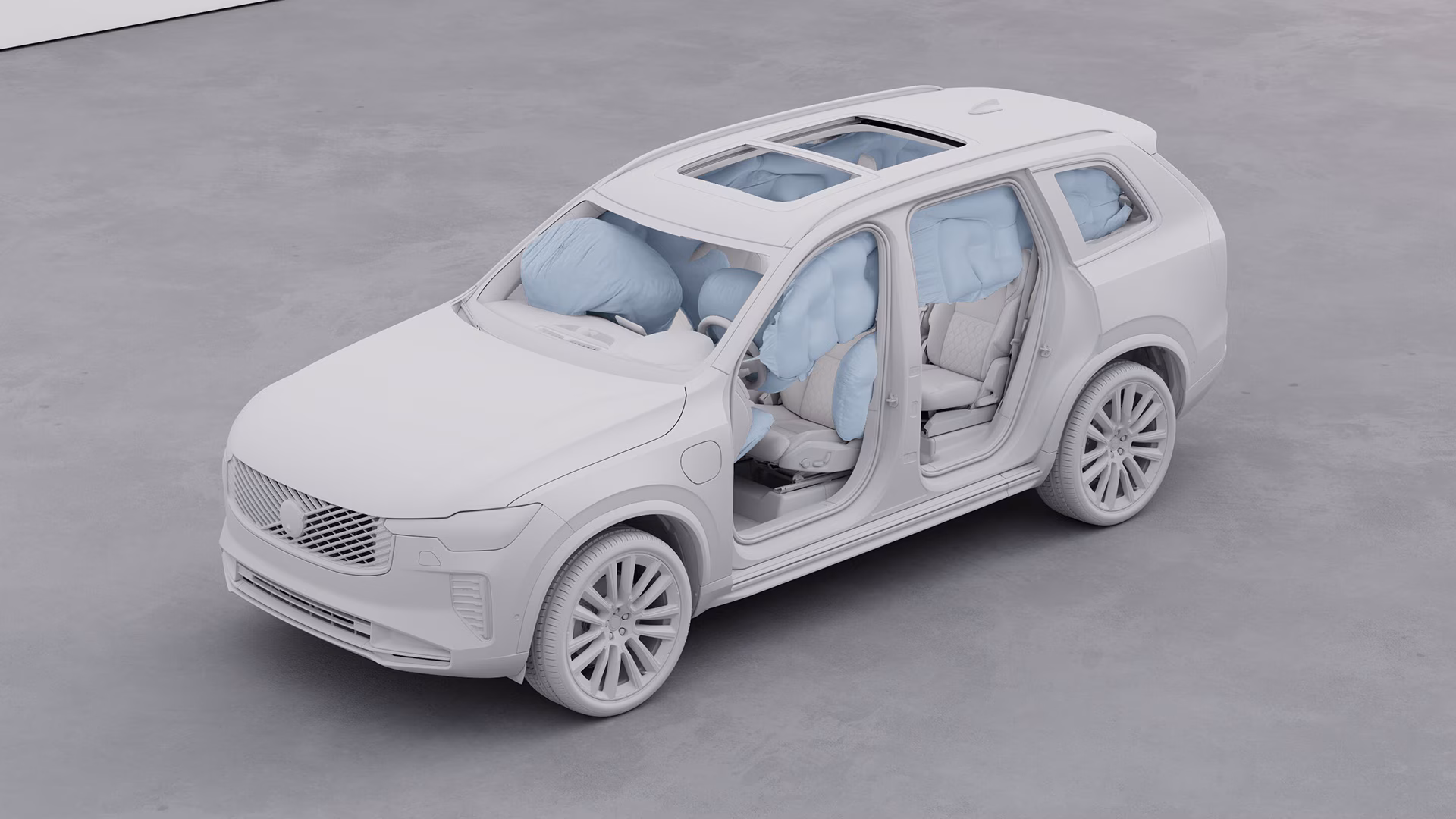Иллюстрация внедорожника Volvo с открытыми дверями, на которой расположены сработавшие подушки безопасности для повышения безопасности по всему салону.