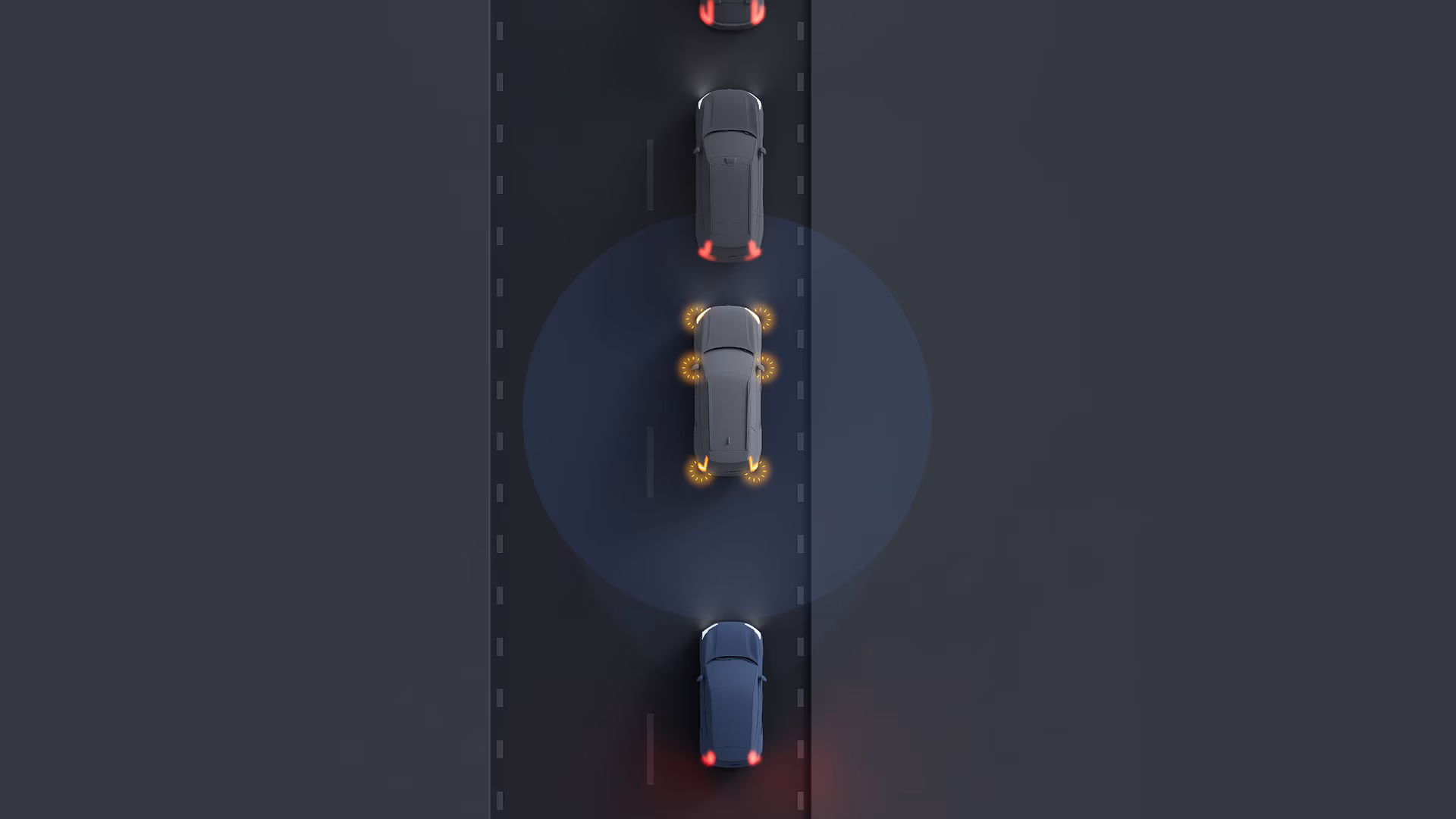 Иллюстрация автомобилей Volvo, движущихся по полосе, при этом центральный автомобиль выделен, чтобы продемонстрировать активные датчики безопасности, контролирующие окружающую среду.