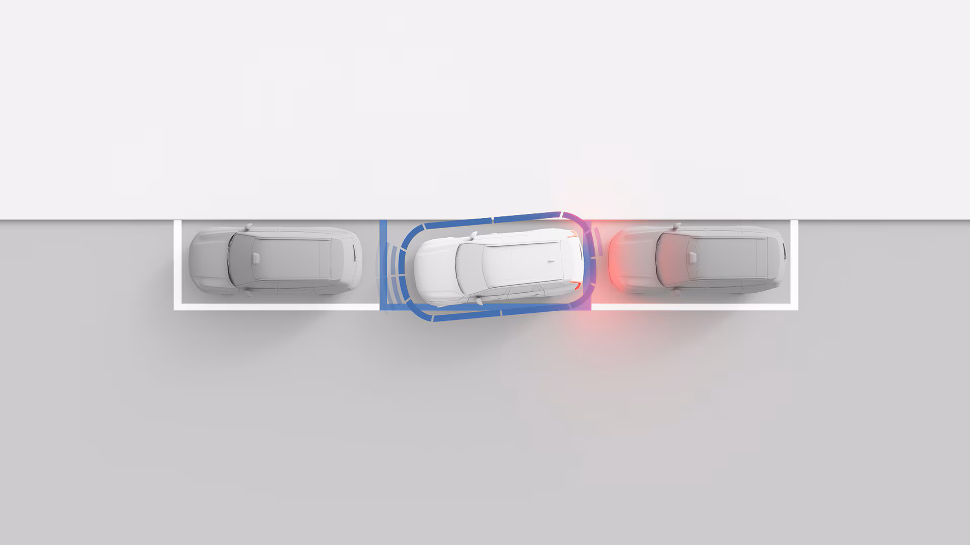 Иллюстрация параллельной парковки автомобиля Volvo между двумя автомобилями с функцией помощи при парковке.