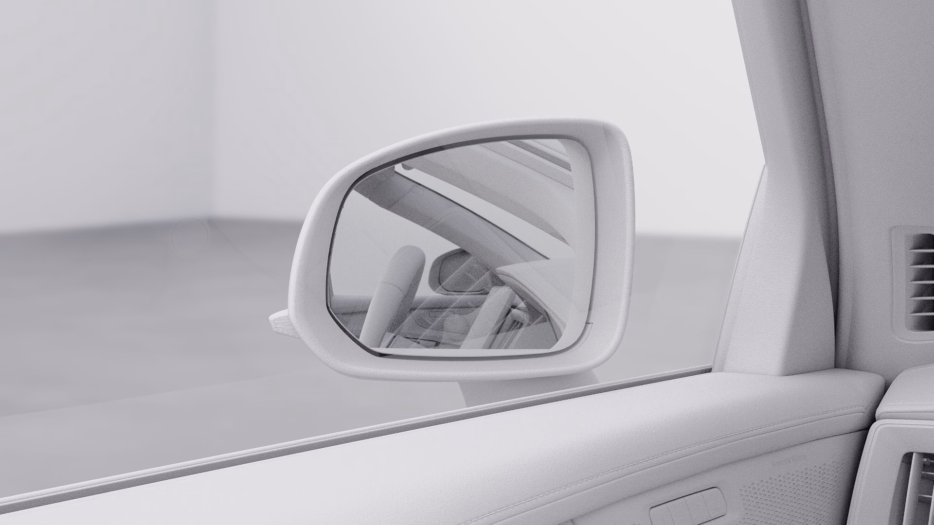 Боковое зеркало и внутренняя дверь автомобиля Volvo крупным планом, подчеркивающий дизайн зеркала и элементы управления окнами.
