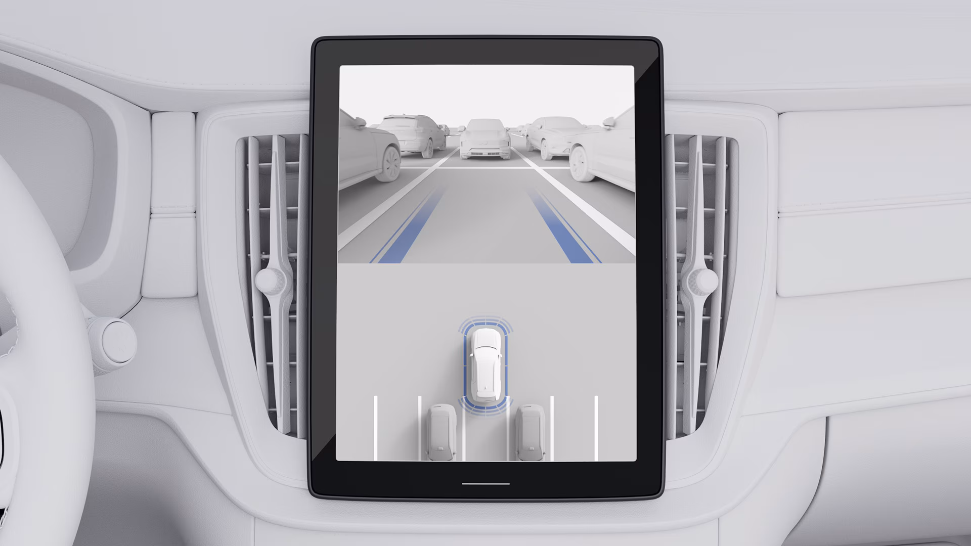 Центральный дисплей автомобиля Volvo с системой помощи при парковке с камерой заднего вида и визуализацией датчиков.