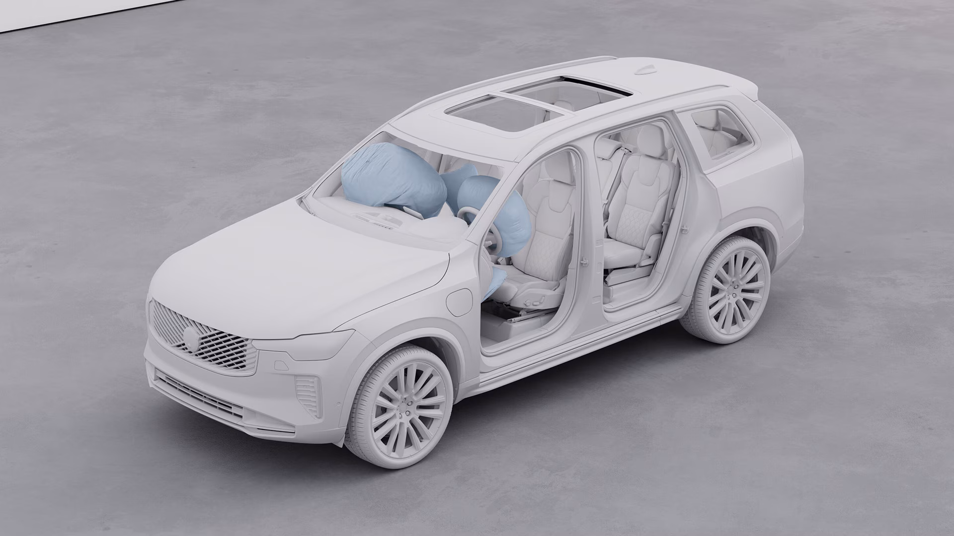3D-модель внедорожника Volvo с открытыми дверями, демонстрирующая сработавшие подушки безопасности на передних сиденьях для демонстрации функций безопасности.