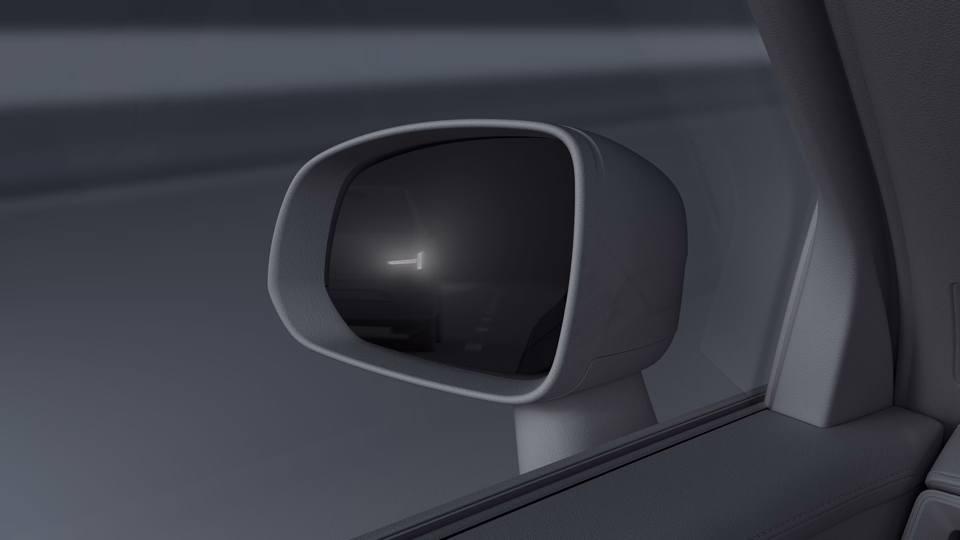 Крупный план бокового зеркала автомобиля Volvo, на котором сзади виден автомобиль с включенными фарами.