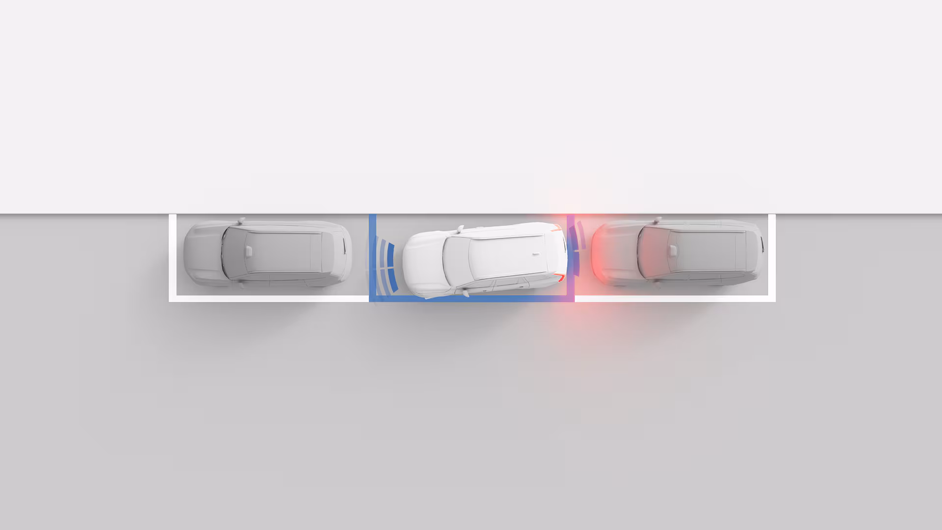 Иллюстрация вида сверху, показывающая автомобиль Volvo, использующий датчики парковки для параллельной парковки между двумя автомобилями.