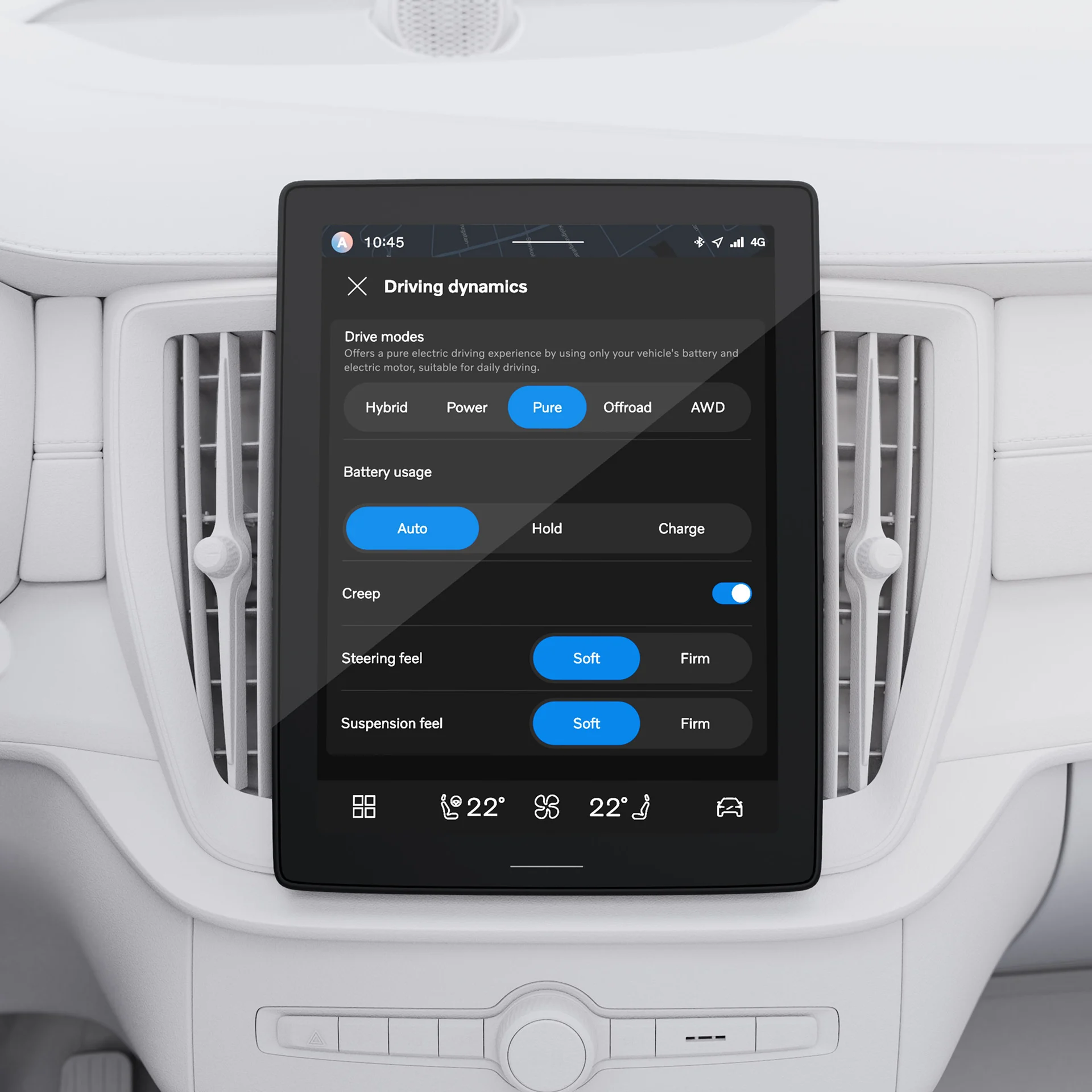 Крупный план центрального дисплея Volvo XC90, демонстрирующего режим вождения