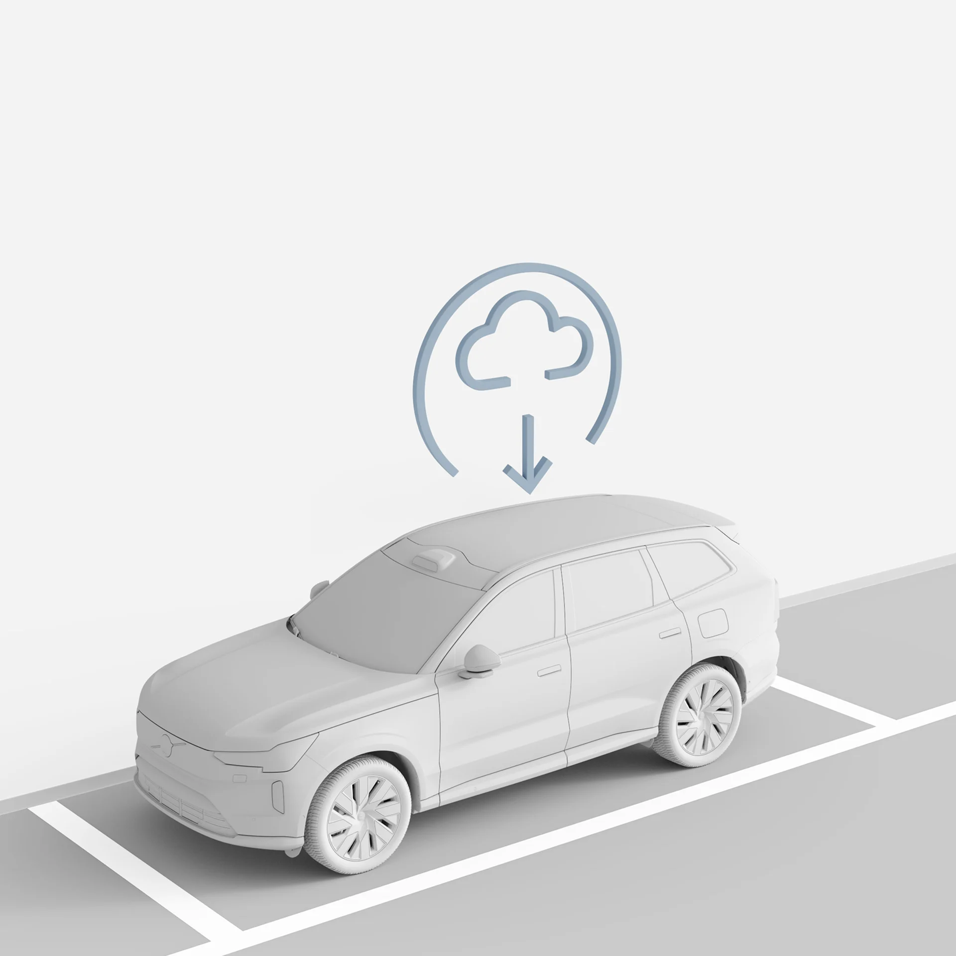 Иллюстрация автомобиля Volvo на парковке со значком облака, обозначающим беспроводные обновления.
